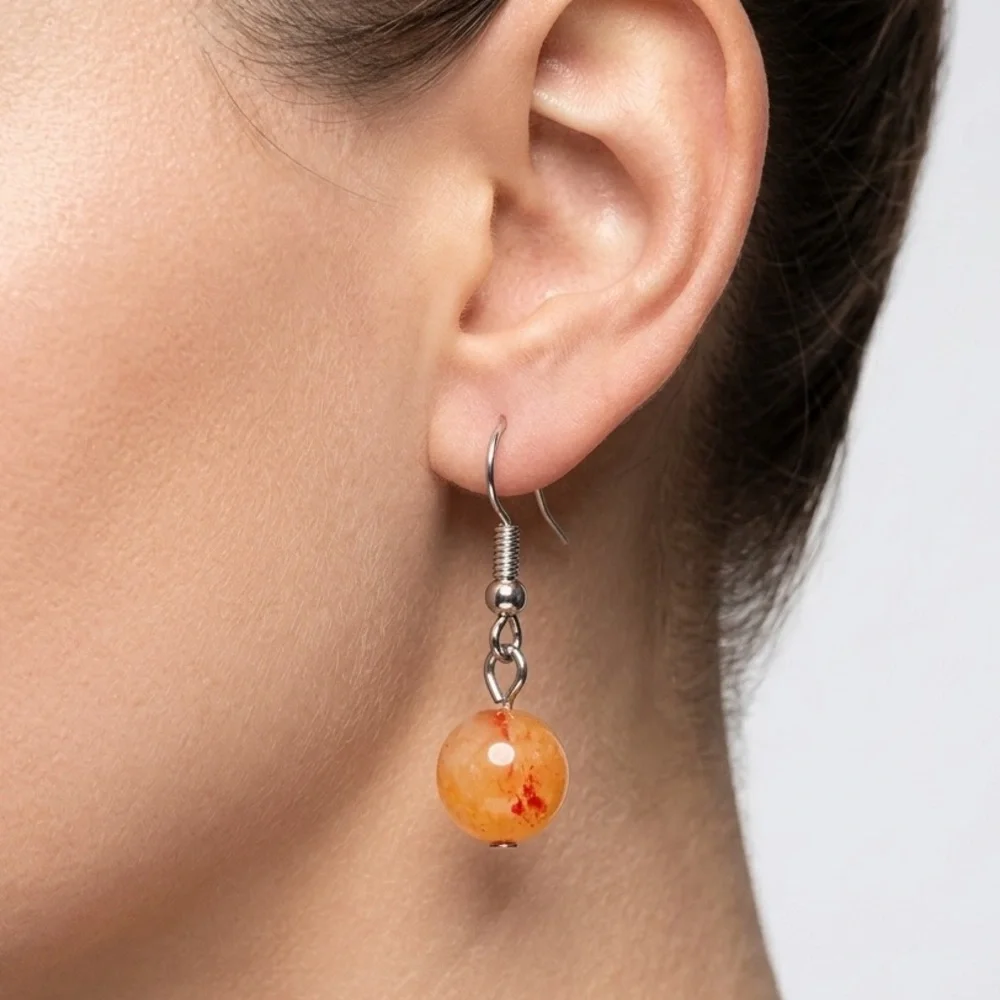 Orange Bead Dangle Earrings | Lightweight Round Drop Silver Hook